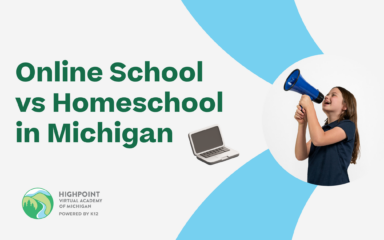 An image with the school logo, text that reads: "Online School vs HomeSchool in Michigan" and a picture of a girl and a laptop illustration.