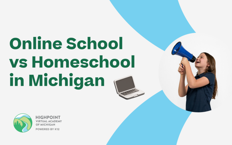 An image with the school logo, text that reads: "Online School vs HomeSchool in Michigan" and a picture of a girl and a laptop illustration.